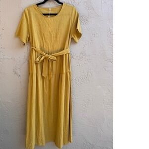 YESNONEW Mustard Yellow Tiered Midi Dress Minimalist Cottagecore Boho Earthy